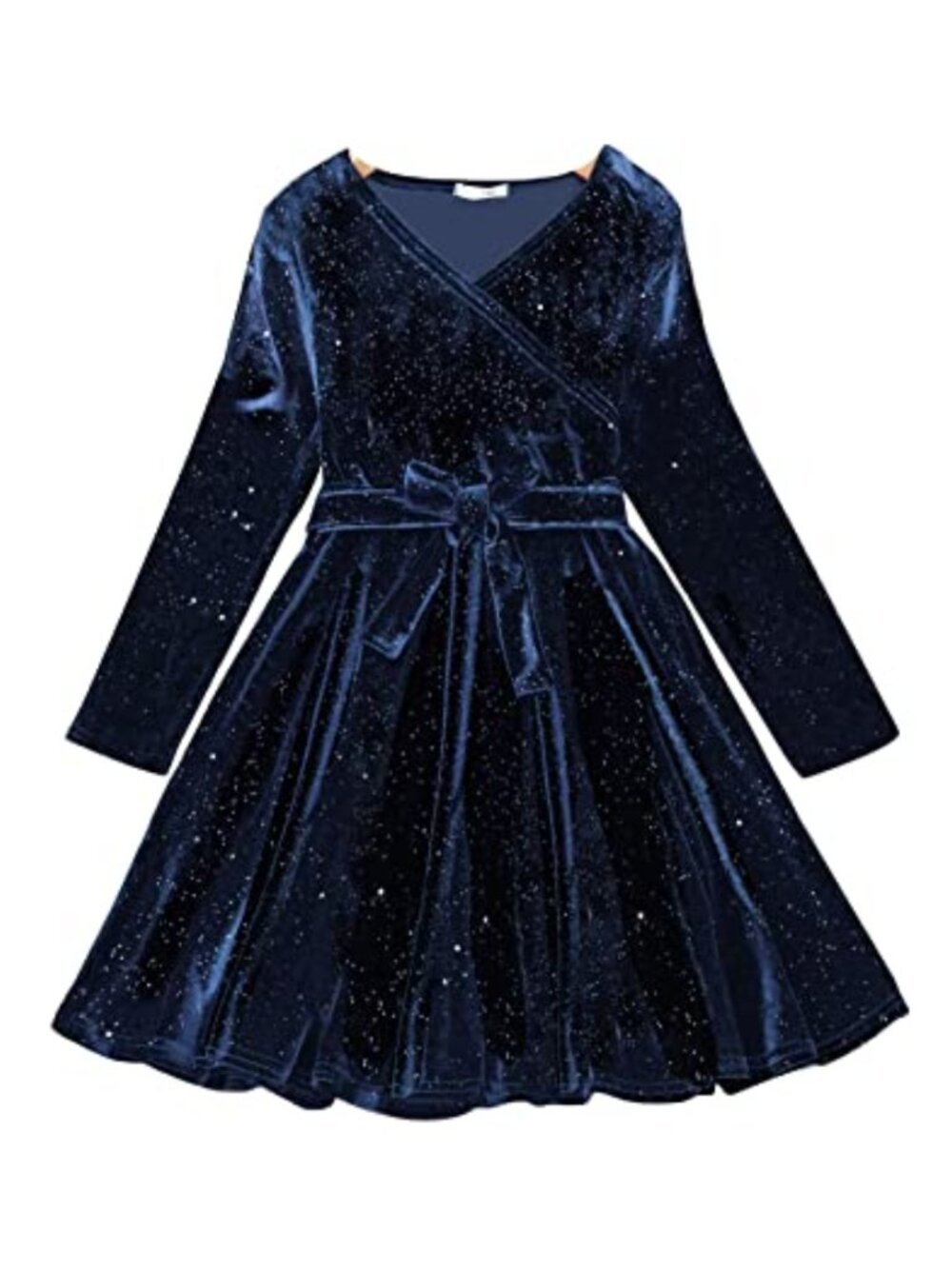 Girls Velvet Glitter Wrap V Neck Long Sleeve Tie Belted A Line Party Midi Dress